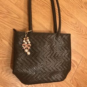 Bueno “Faux Weave” Brown Shoulder Bag, Detachable Beading, Like New